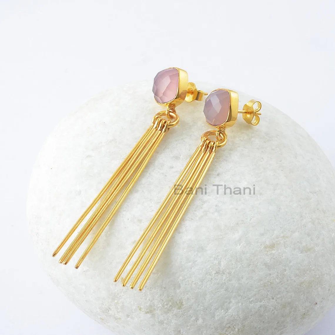 Lavender Chalcedony Earrings, Chalcedony 9mm Cushion Gemstone Earring, 18k Gold Plated Sterling Silver Earrings, Gift For Her, Boho Earring