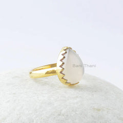 Pear Chalcedony Gemstone Ring, White Chalcedony Gold Plated 925 Sterling Silver Ring, Bride Ring, Statement Ring, Vintage Best Selling Ring