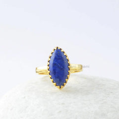 Lapis Silver Ring, Lapis Lazuli 8x16mm Marquise 18k Gold Plated Gemstone Ring, 925 Sterling Silver Ring, Zig Zag Bezel Ring, Gift For Wife