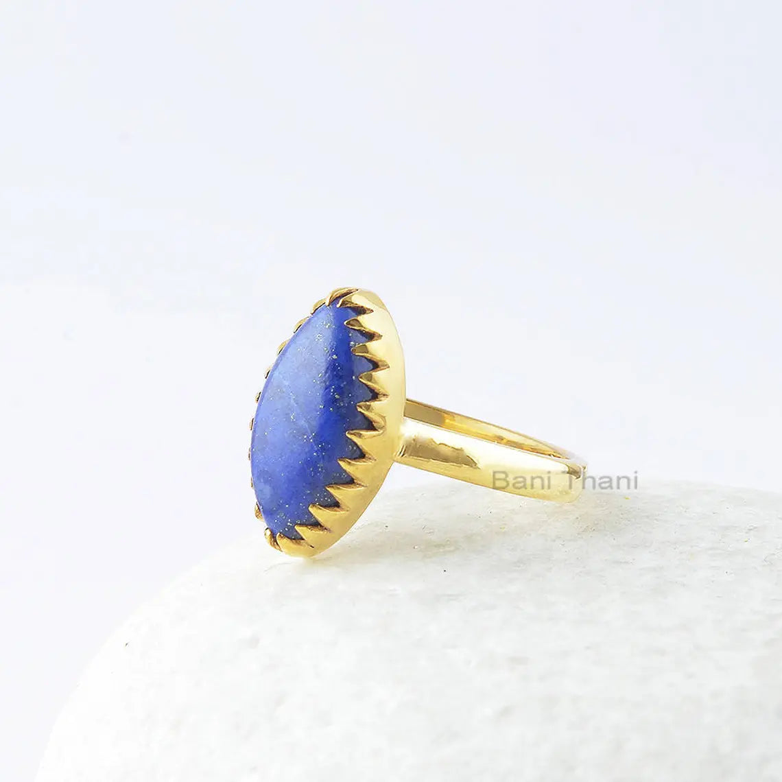 Lapis Silver Ring, Lapis Lazuli 8x16mm Marquise 18k Gold Plated Gemstone Ring, 925 Sterling Silver Ring, Zig Zag Bezel Ring, Gift For Wife