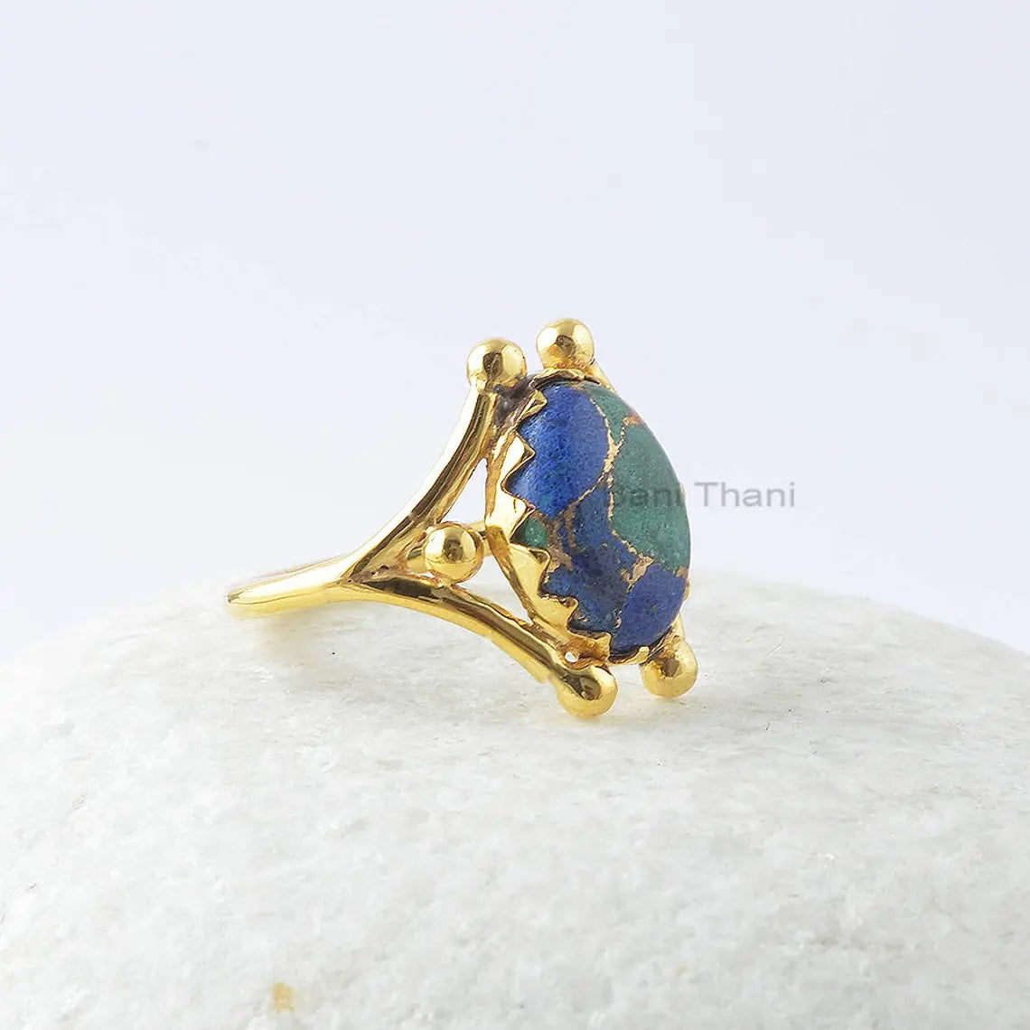 Designer Azurite Ring, Copper Azurite 10x14mm Oval Gemstone Ring, 18k Gold Plated 925 Silver Ring, Engagement Gift Ring, Christmas Gift Ring