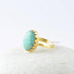 Amazonite Ring, Amazonite 10x14mm Oval Zig Zag Bezel Gemstone Ring, Sterling Silver Ring, 18k Gold Plated Ring, Special Gift For Women