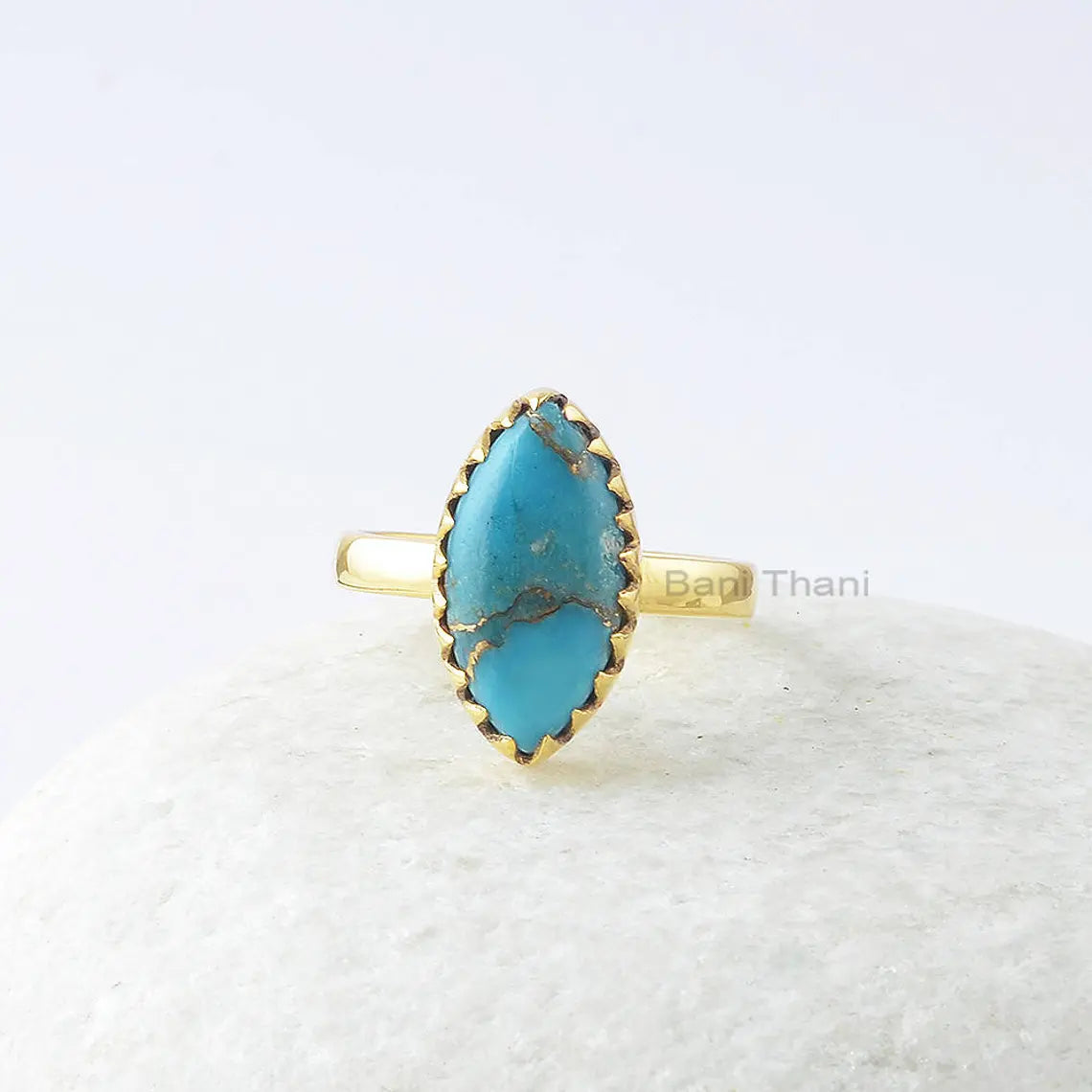 Copper Turquoise Ring, Copper Blue Turquoise 8x16mm Marquise Sterling Silver Ring, Gemstone Ring, Zig Zag Bezel Ring, Gift For Wife