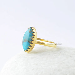 Copper Turquoise Ring, Copper Blue Turquoise 8x16mm Marquise Sterling Silver Ring, Gemstone Ring, Zig Zag Bezel Ring, Gift For Wife