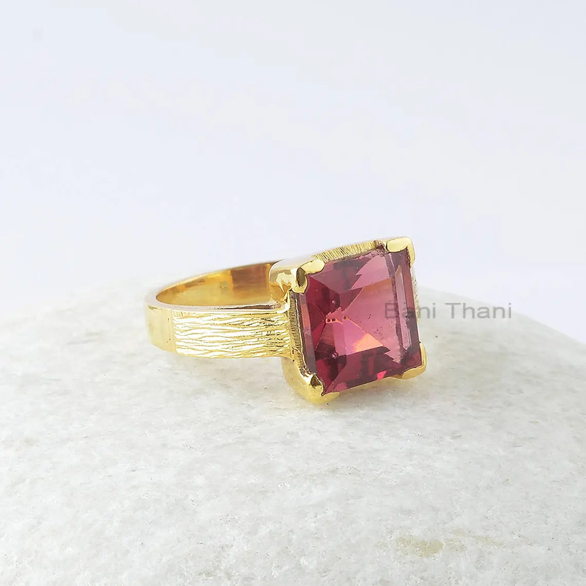 Pink Tourmaline Ring, Pink Tourmaline Quartz 10x10mm Square 925 Sterling Silver Ring, Gemstone Ring, Gold Plated Ring, Gift For Bridal