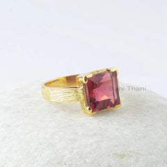 Pink Tourmaline Ring, Pink Tourmaline Quartz 10x10mm Square 925 Sterling Silver Ring, Gemstone Ring, Gold Plated Ring, Gift For Bridal