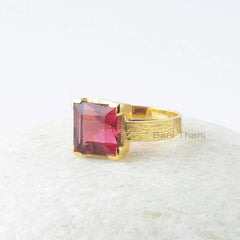 Pink Tourmaline Ring, Pink Tourmaline Quartz 10x10mm Square 925 Sterling Silver Ring, Gemstone Ring, Gold Plated Ring, Gift For Bridal