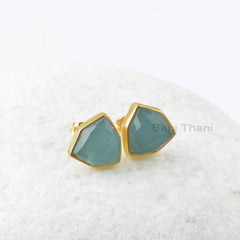 Aqua Chalcedony Stud Earrings - Gold Plated Studs - Solid Silver - 10mm Trillion Hexagon - Jewelry For Wholesale - Gift For Bridesmaids