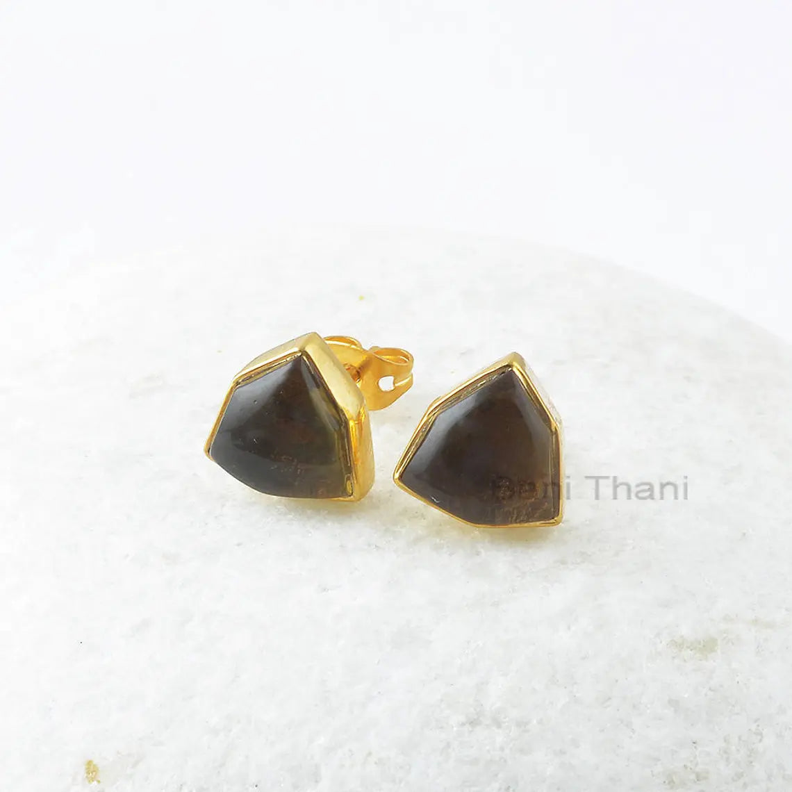 Smoky Quartz 10mm Trillion Hexagon Gemstone Stud Earrings, Stud Earrings, Bridesmaid Gift Earring, 925 Sterling Silver Gold Plated Earrings