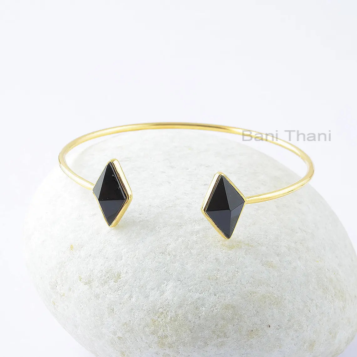 Black Onyx Bangle - 925 Pure Silver - Handcrafted Bracelet - 10x14mm Diamond Pyramid - Gift For Month Birthday - Jewelry For First Time Mom