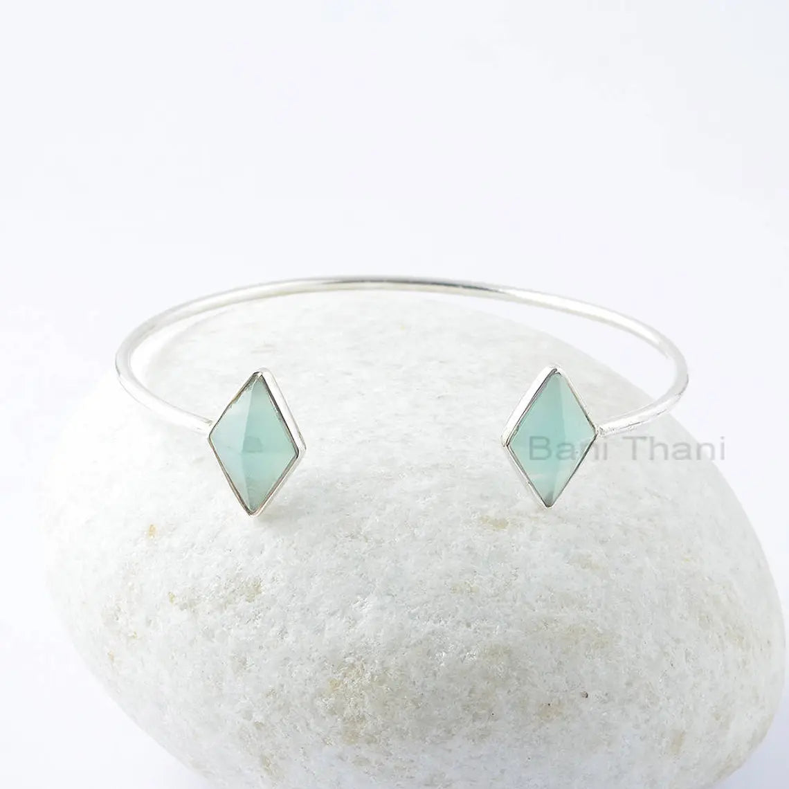 Chalcedony Bracelet, Aqua Chalcedony 10x16mm Diamond Pyramid Sterling Silver Gemstone Bangle, Valentines Day Gift For Her