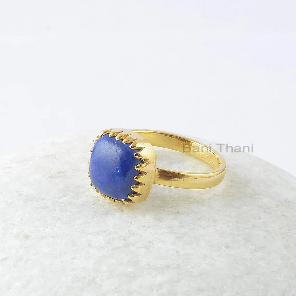 Lapis Lazuli Cushion Ring - Gold Plated Gemstone Ring - Solid 925 Sterling Silver Zig Zag Ring - Christmas Gift - Boho Ring - Gift for Her