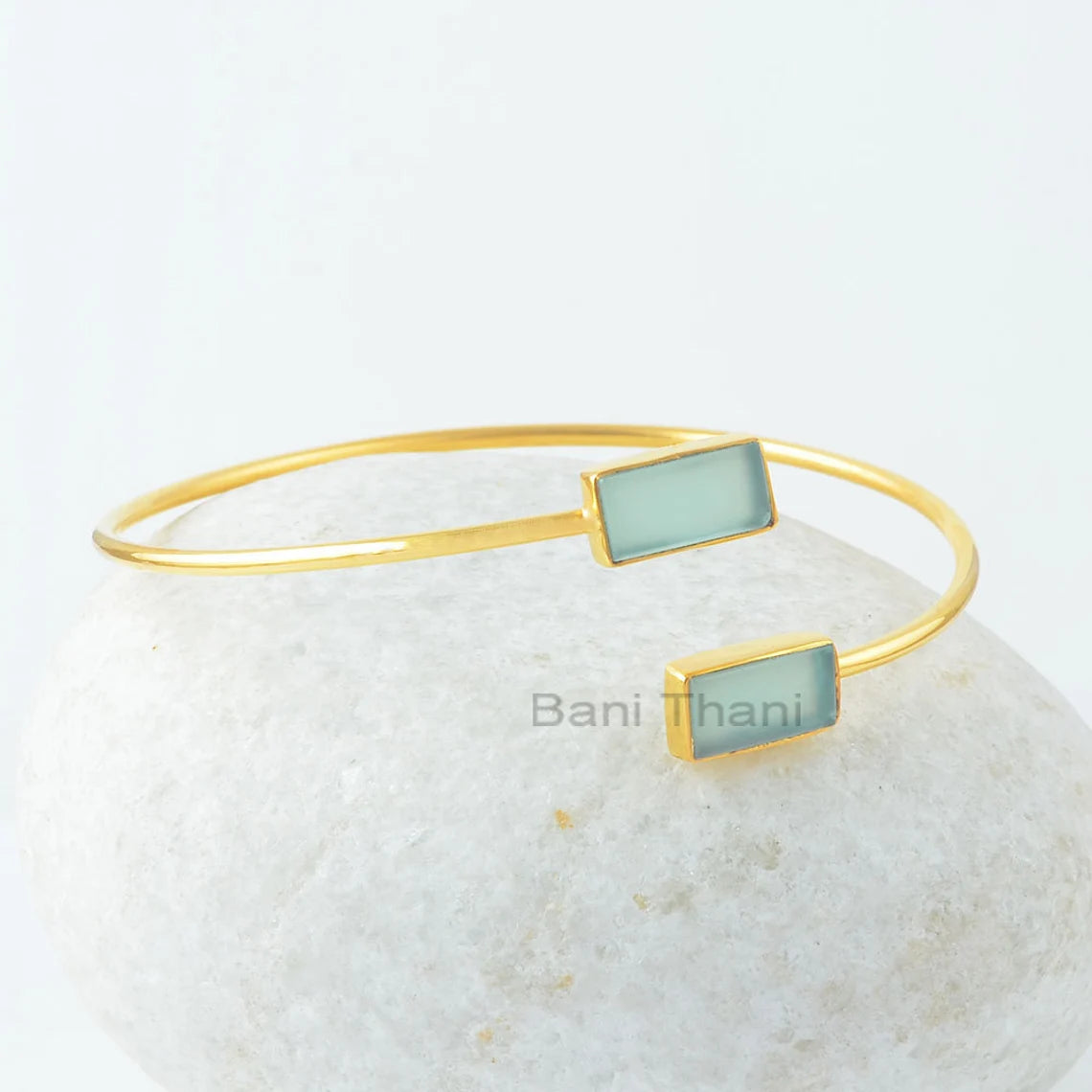 Aqua chalcedony Bangle, Aqua Chalcedony 6x12mm Rectangle Sterling Silver Gemstone Bangle, 18k Gold Plated Bangle, Mothers Day, Gift For Her