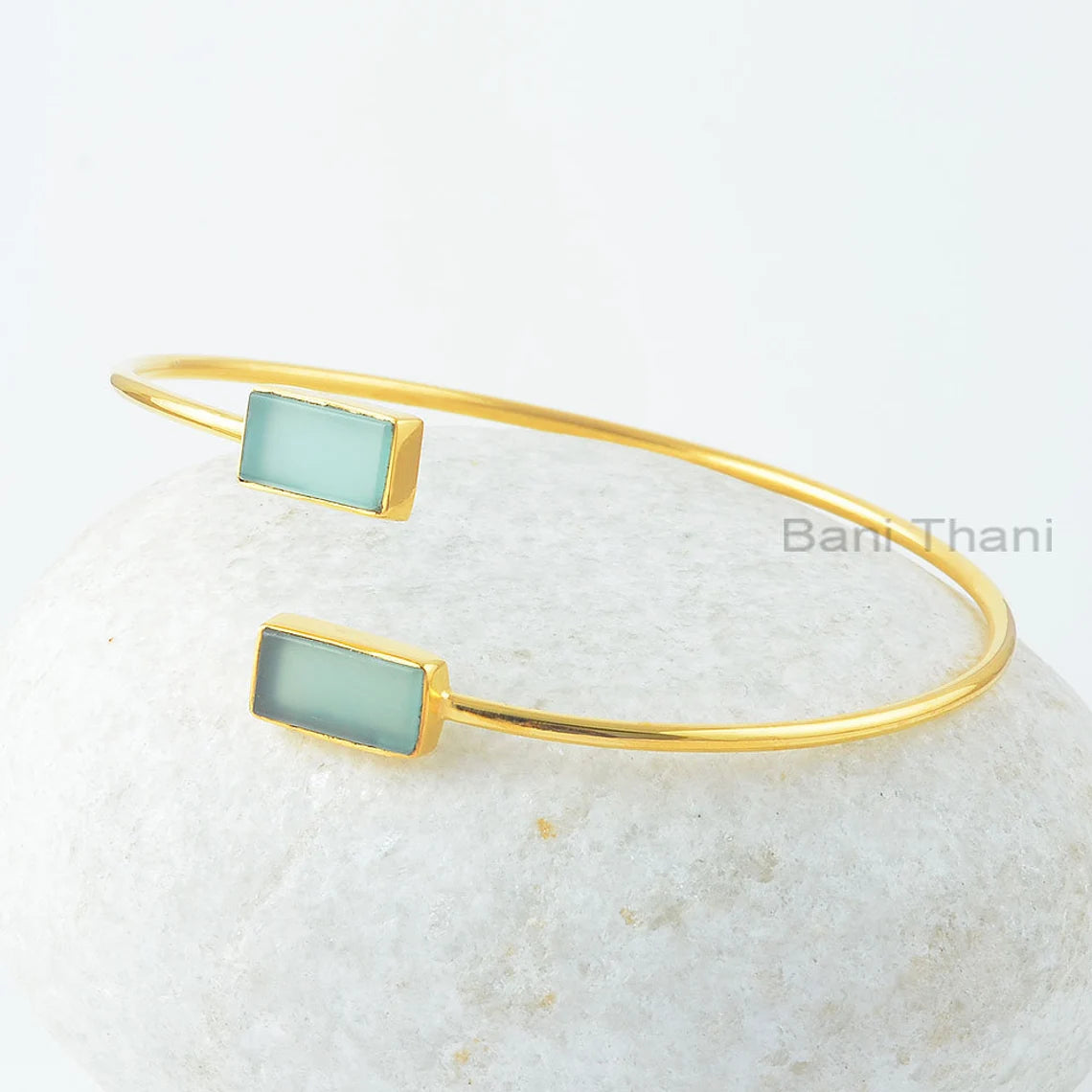 Aqua chalcedony Bangle, Aqua Chalcedony 6x12mm Rectangle Sterling Silver Gemstone Bangle, 18k Gold Plated Bangle, Mothers Day, Gift For Her