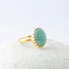 Amazonite Ring, Amazonite 10x14mm Oval Zig Zag Bezel Gemstone Ring, Sterling Silver Ring, 18k Gold Plated Ring, Special Gift For Women