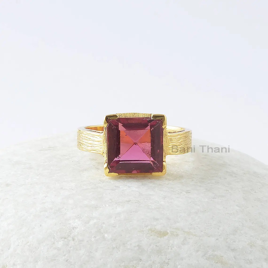 Pink Tourmaline Ring, Pink Tourmaline Quartz 10x10mm Square 925 Sterling Silver Ring, Gemstone Ring, Gold Plated Ring, Gift For Bridal