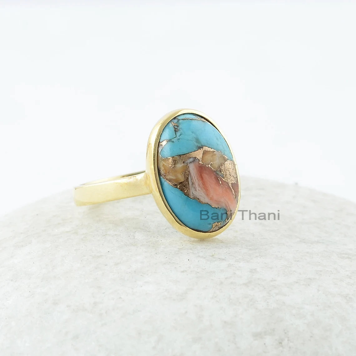 Copper Oyster Turquoise 10x14mm Oval Gemstone Ring, Promise Ring, Gold Plated Ring, 925 Sterling Silver Jewelry, Gift for Her, Womens Ring