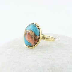 Copper Oyster Turquoise 10x14mm Oval Gemstone Ring, Promise Ring, Gold Plated Ring, 925 Sterling Silver Jewelry, Gift for Her, Womens Ring