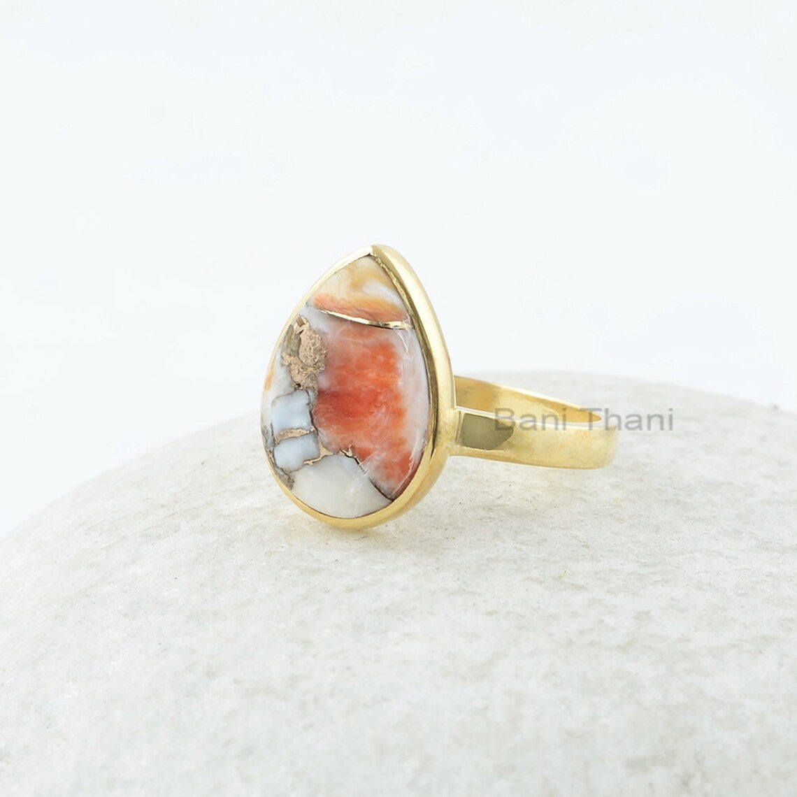 Oyster Copper Ring, Oyster 10x14mm Pear Gemstone Ring, 925 Sterling Silver Gold Plated Ring, Gift For Bride, Antique Oyster Ring, Boho Ring