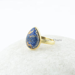 Copper Lapis Lazuli Ring - 10x14mm Pear Gemstone - Sterling Silver - Gold Plated - Manmade Jewelry - Gift for Writer - Jewelry for Young Mom