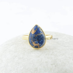 Copper Lapis Lazuli Ring - 10x14mm Pear Gemstone - Sterling Silver - Gold Plated - Manmade Jewelry - Gift for Writer - Jewelry for Young Mom