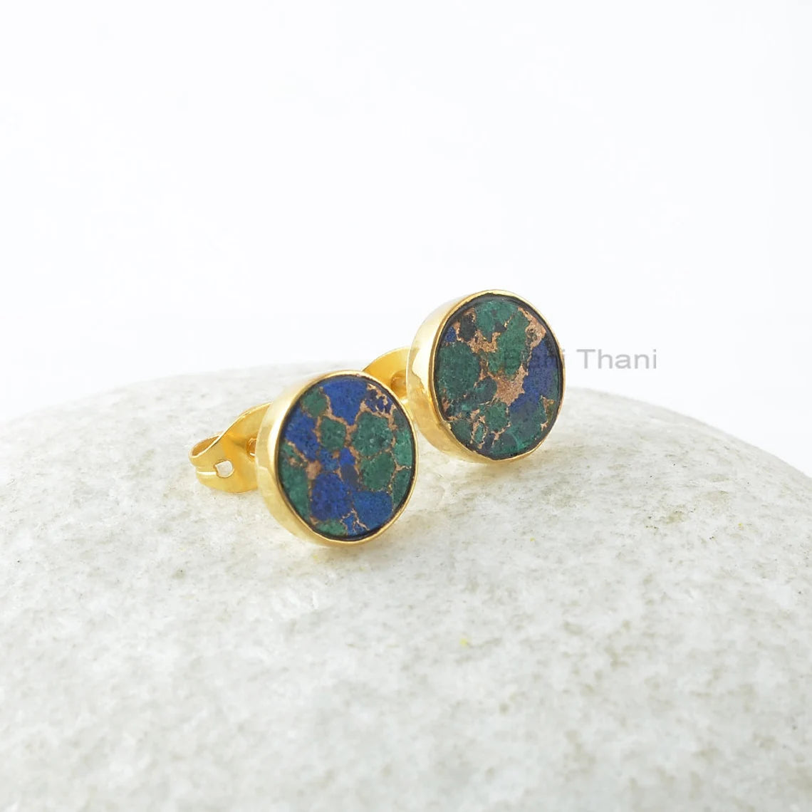 Azurite Studs Earrings - 925 Pure Silver - Flat Round - Handcrafted Studs - Natural Stone Jewelry - Gift For Graduate - Jewelry For Designer