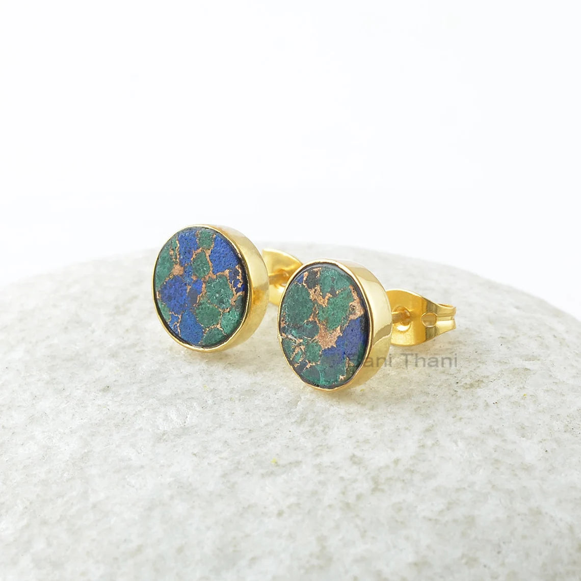 Azurite Studs Earrings - 925 Pure Silver - Flat Round - Handcrafted Studs - Natural Stone Jewelry - Gift For Graduate - Jewelry For Designer