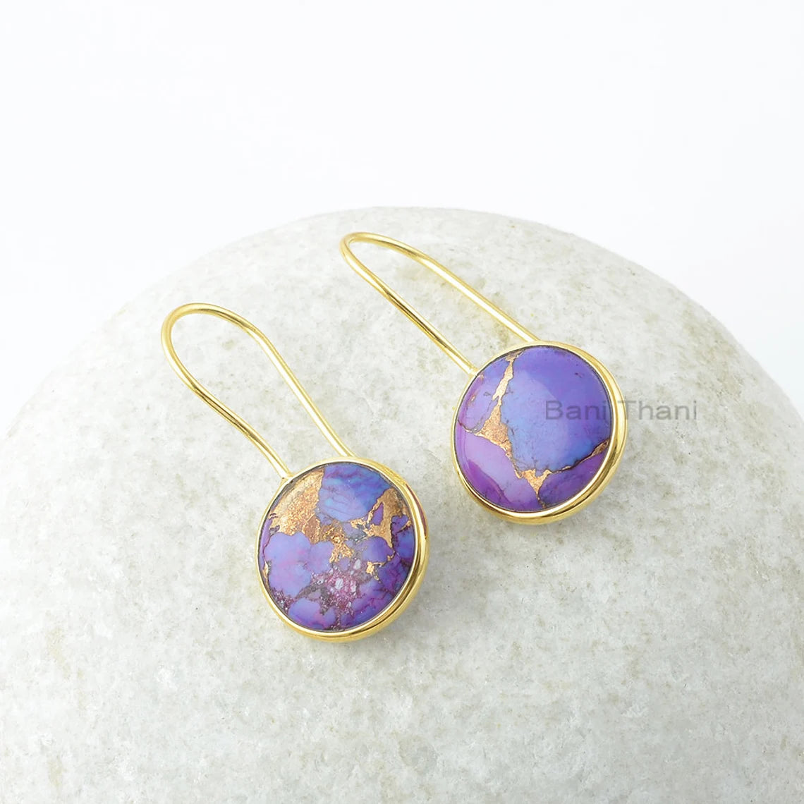 Copper Turquoise Earrings-Copper Purple Turquoise 15x15mm Round Gemstone Earrings-Dangle Earrings-Gold Plated Earrings-Wedding Gift