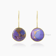 Copper Turquoise Earrings-Copper Purple Turquoise 15x15mm Round Gemstone Earrings-Dangle Earrings-Gold Plated Earrings-Wedding Gift