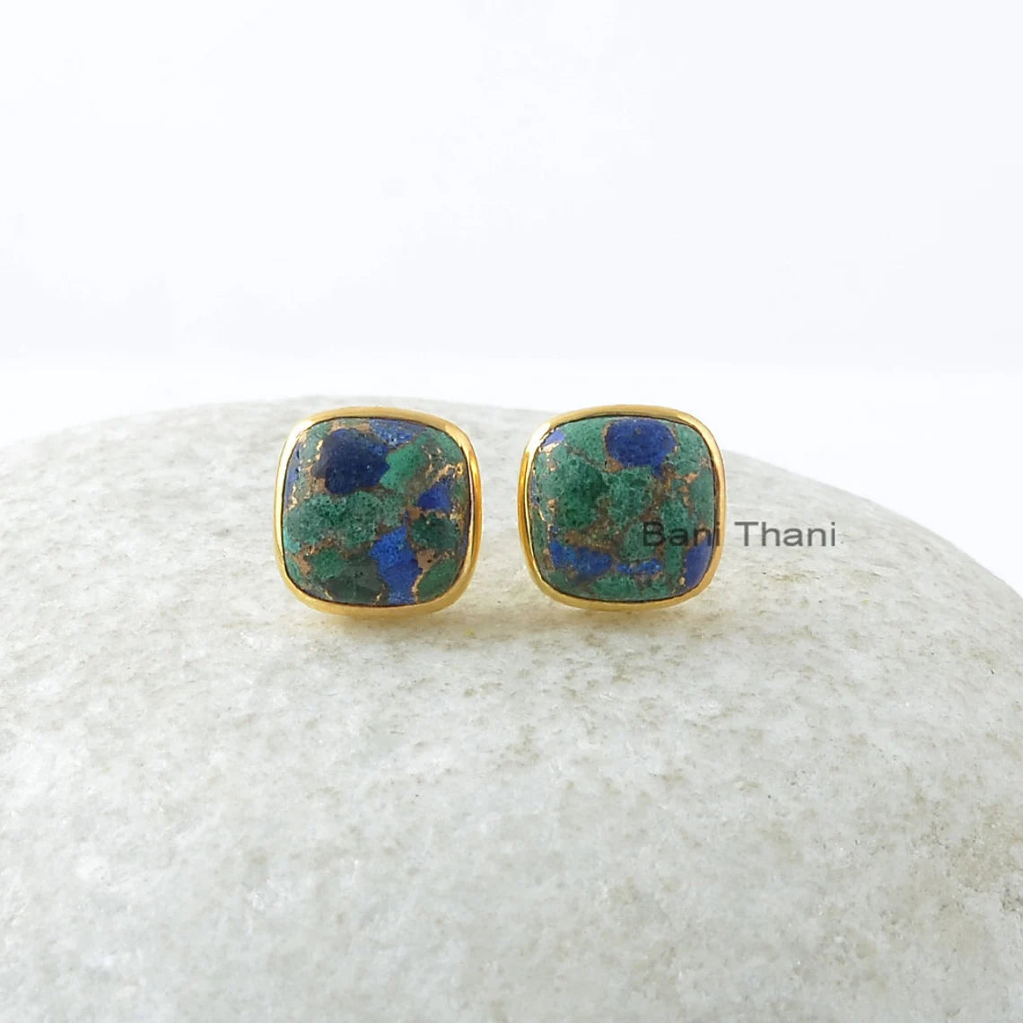 Azurite Stud Earrings - Solid Silver Earrings - Gold Plated Studs - Statement Jewelry - Gift For Lady - Jewelry for Prom - 9mm Cushion Stud