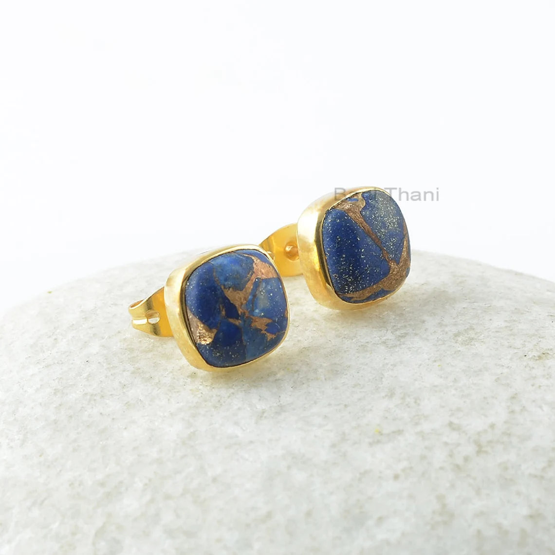 Copper Lapis Stud Earrings - 925 Silver Earrings - Handmade Cushion Studs - Fashion Jewelry Earrings - Gift For Besties - Jewelry For Sister