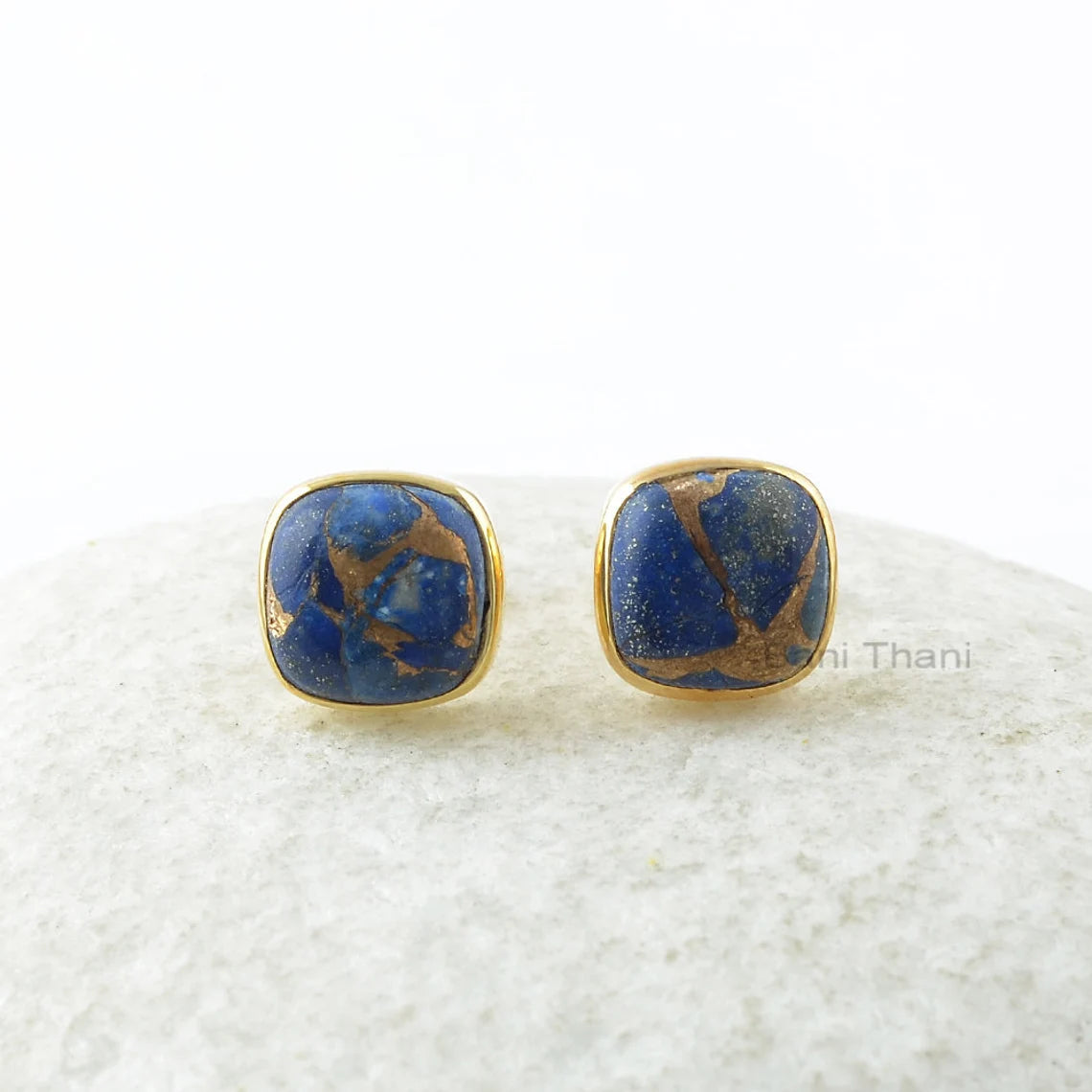 Copper Lapis Stud Earrings - 925 Silver Earrings - Handmade Cushion Studs - Fashion Jewelry Earrings - Gift For Besties - Jewelry For Sister