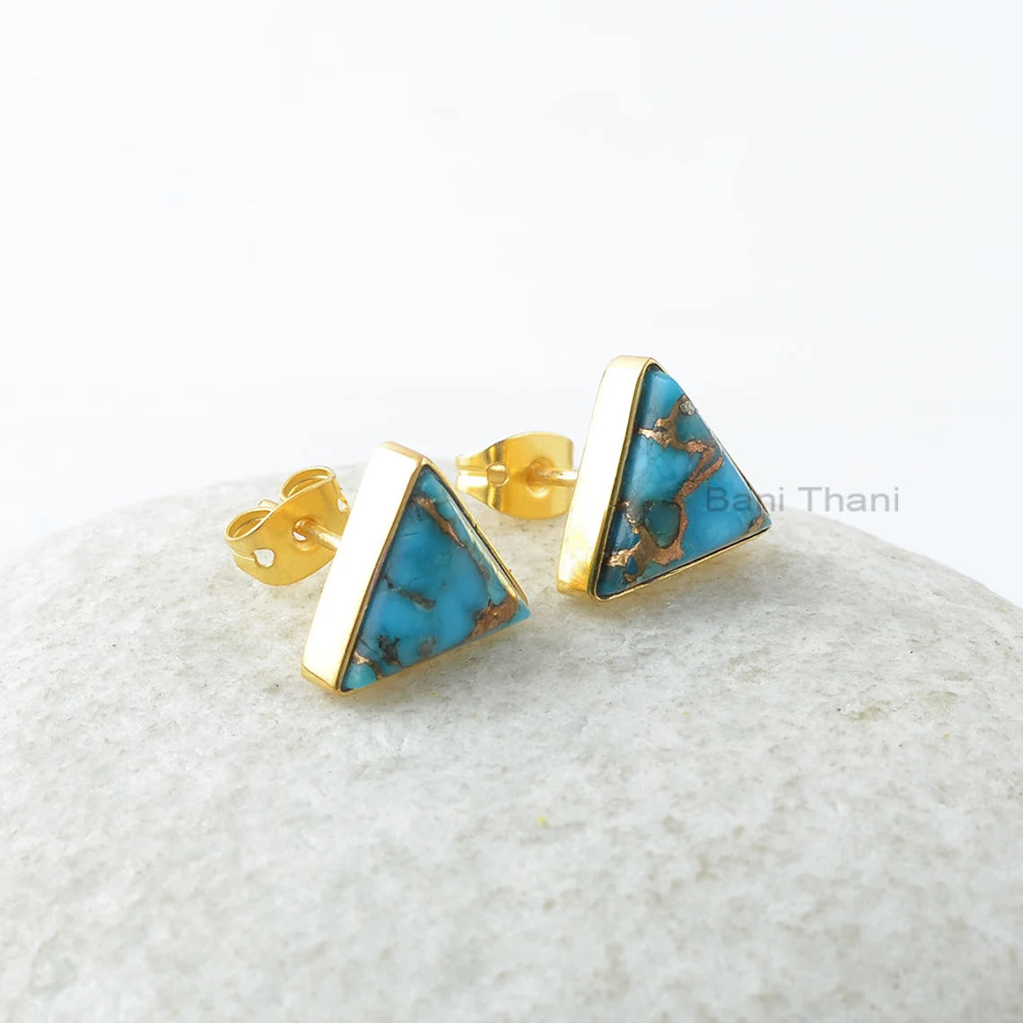 Copper Blue Turquoise Earrings, Copper Blue Turquoise 9x9mm Triangle Silver Stud Earrings, Gemstone Earrings, Gold Plated Earrings