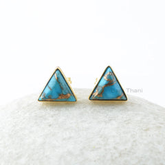 Copper Blue Turquoise Earrings, Copper Blue Turquoise 9x9mm Triangle Silver Stud Earrings, Gemstone Earrings, Gold Plated Earrings