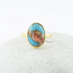 Copper Oyster Turquoise 10x14mm Oval Gemstone Ring, Promise Ring, Gold Plated Ring, 925 Sterling Silver Jewelry, Gift for Her, Womens Ring