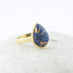 Copper Lapis Lazuli Ring - 10x14mm Pear Gemstone - Sterling Silver - Gold Plated - Manmade Jewelry - Gift for Writer - Jewelry for Young Mom