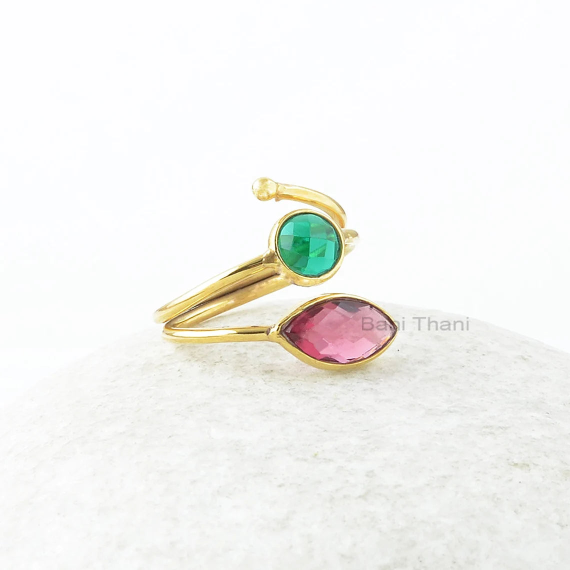 Multi Stone Silver Ring - Emerald Quartz & Pink Tourmaline Quartz Gemstone Ring - Gold Plated Handmade Ring - Gift for Mom - Gift for Bride