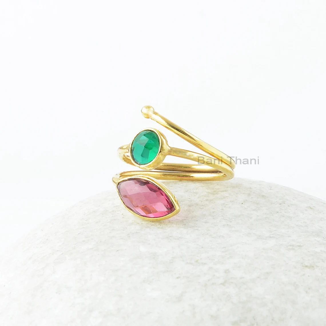 Multi Stone Silver Ring - Emerald Quartz & Pink Tourmaline Quartz Gemstone Ring - Gold Plated Handmade Ring - Gift for Mom - Gift for Bride