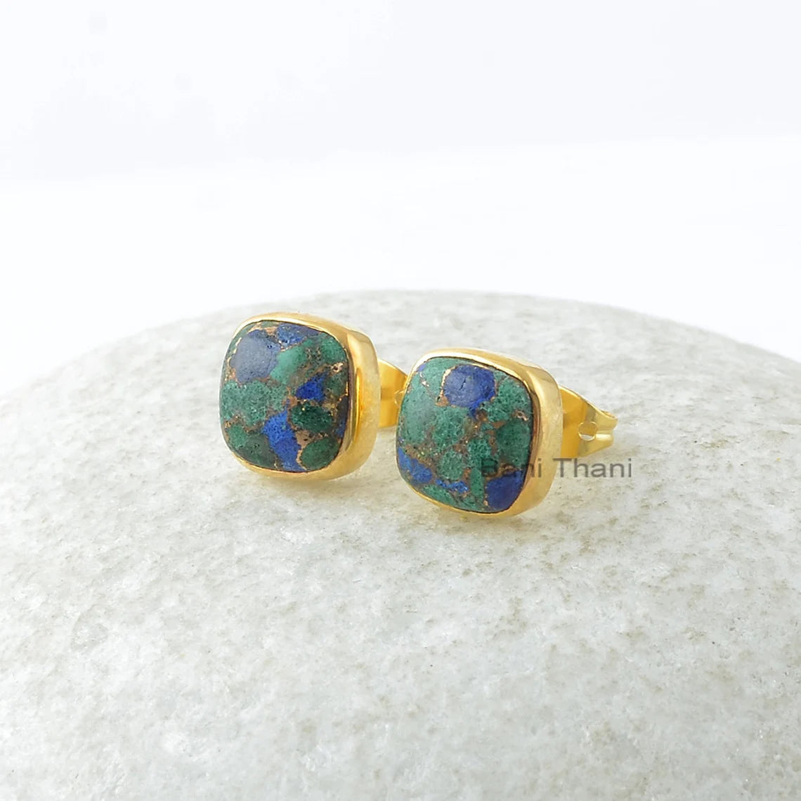 Azurite Stud Earrings - Solid Silver Earrings - Gold Plated Studs - Statement Jewelry - Gift For Lady - Jewelry for Prom - 9mm Cushion Stud