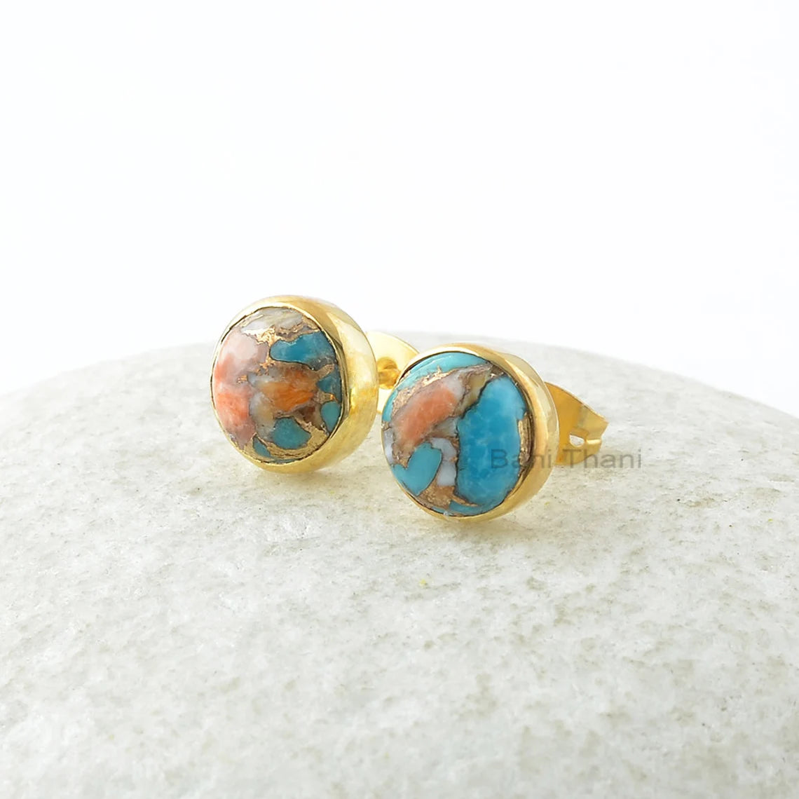 Oyster Earrings, Copper Oyster Turquoise 9x9mm Round Silver Stud Earrings, Burnt Orange Gemstone Earrings, Gold Plated Earrings For Women