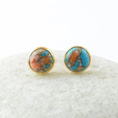 Oyster Earrings, Copper Oyster Turquoise 9x9mm Round Silver Stud Earrings, Burnt Orange Gemstone Earrings, Gold Plated Earrings For Women