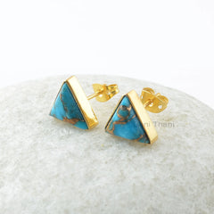 Copper Blue Turquoise Earrings, Copper Blue Turquoise 9x9mm Triangle Silver Stud Earrings, Gemstone Earrings, Gold Plated Earrings