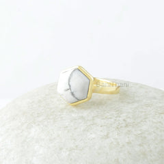 White Howlite Ring, White Howlite 10mm Hexagon Gemstone Ring, 18k Gold Plated Ring, Silver Ring, Gemstone Jewelry, jewelry Gift For Mother