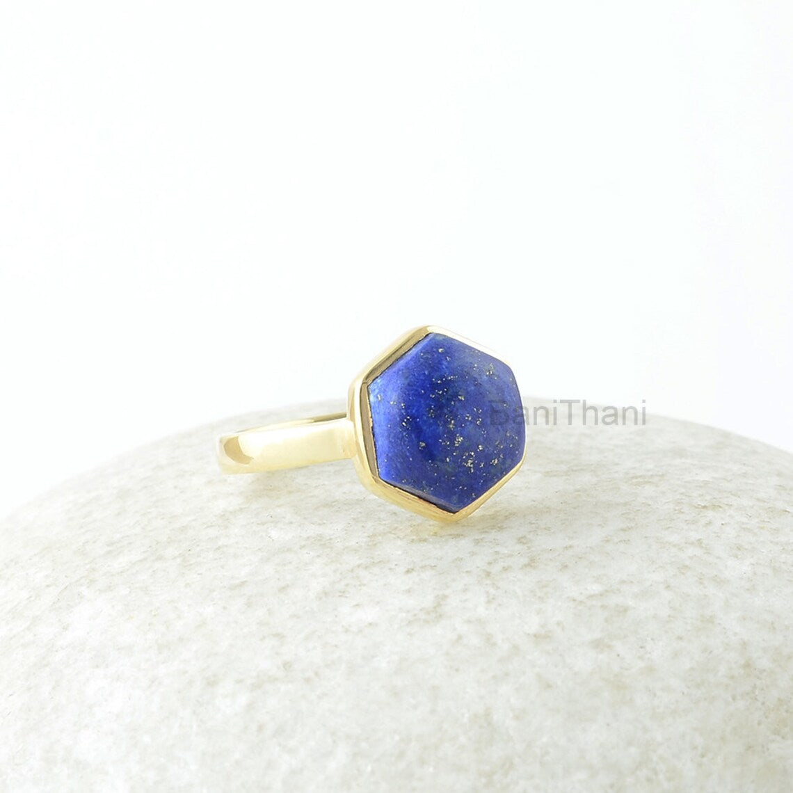 Lapis Lazuli Ring, Lapis Gemstone 10mm Hexagon Sterling Silver Ring, Lapis Silver Ring, Gold Plated Ring, Jewelry Gift For Wife