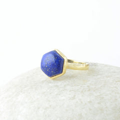 Lapis Lazuli Ring, Lapis Gemstone 10mm Hexagon Sterling Silver Ring, Lapis Silver Ring, Gold Plated Ring, Jewelry Gift For Wife