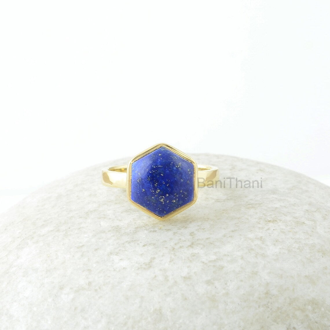 Lapis Lazuli Ring, Lapis Gemstone 10mm Hexagon Sterling Silver Ring, Lapis Silver Ring, Gold Plated Ring, Jewelry Gift For Wife