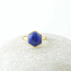 Lapis Lazuli Ring, Lapis Gemstone 10mm Hexagon Sterling Silver Ring, Lapis Silver Ring, Gold Plated Ring, Jewelry Gift For Wife