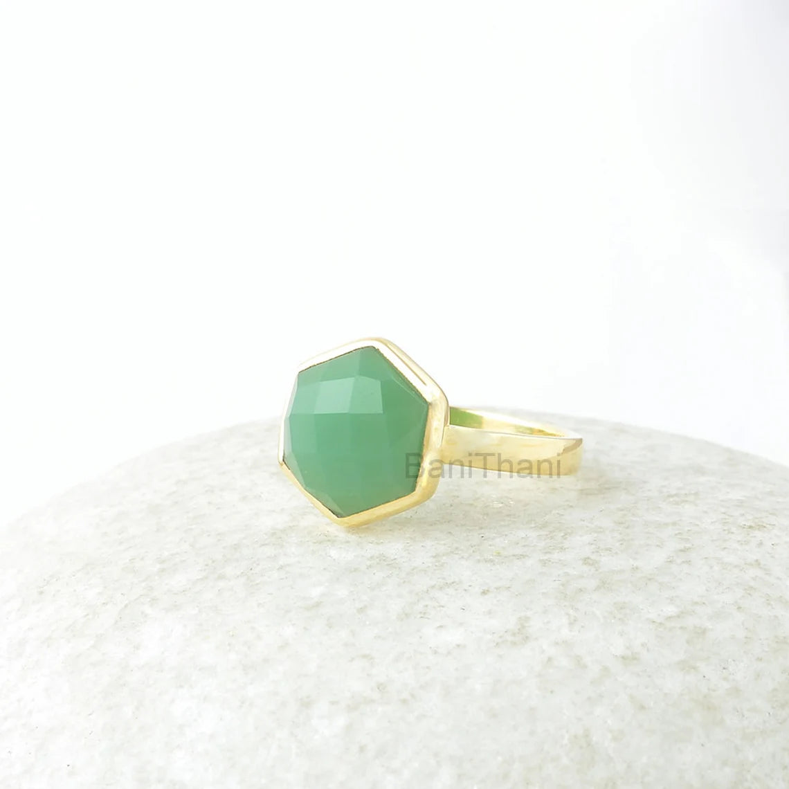 Chrysoprase Ring, Chrysoprase 10mm Hexagon Checkerboard Cut Gemstone Ring, Gold Plated Ring, Silver Ring, Wedding Gift For Bride