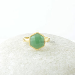 Chrysoprase Ring, Chrysoprase 10mm Hexagon Checkerboard Cut Gemstone Ring, Gold Plated Ring, Silver Ring, Wedding Gift For Bride