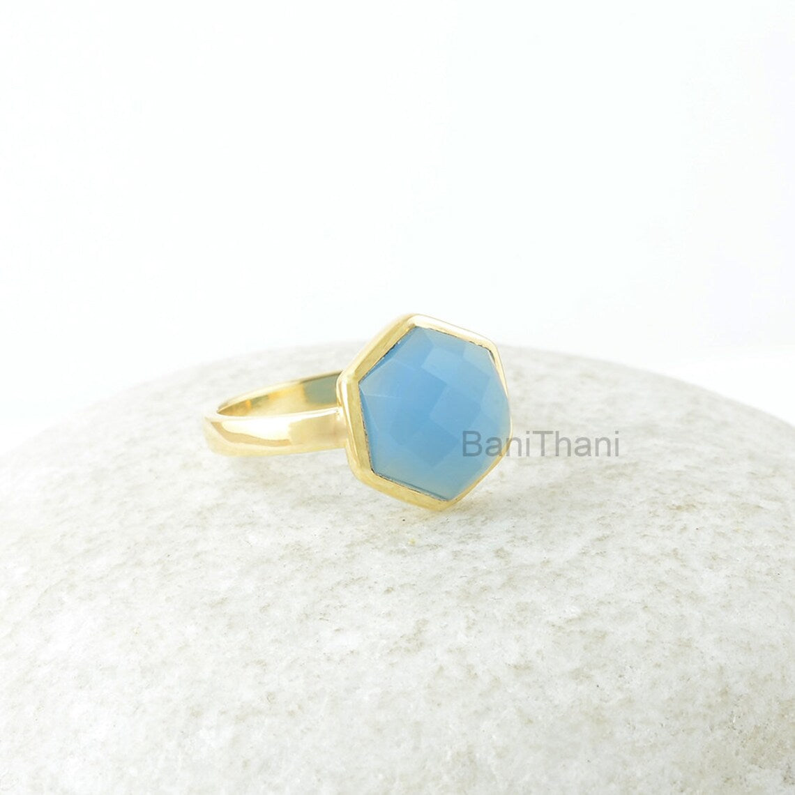 Chalcedony Ring, Sky Blue Chalcedony 10mm Hexagon Checkerboard Cut Gemstone Ring, Gold Plated Ring, Silver Ring, Gift For Women